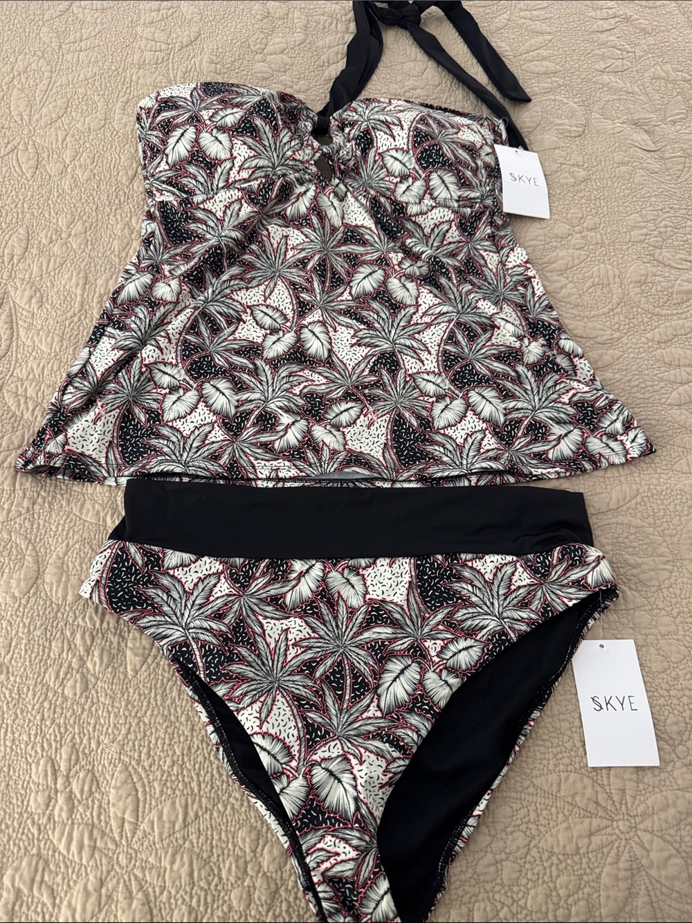 Skye Black, White & Burgundy Palm Print Tankini Set